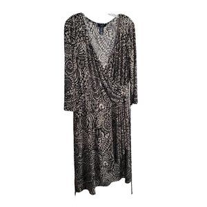 Chaps NWT Size XL Dress Jersey Knit Midi Stretch Faux Wrap Belt Abstract Black